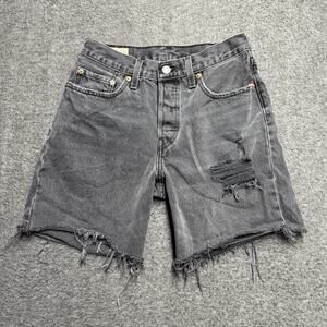Levis 501 Premium 90s Shorts Womens 26 Black Distressed Denim Raw Hem Button Fly